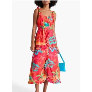 Farm Rio Red Ipanema Ruffle Midi Dress SMALL Sleeveless Tropical Resortwear NEW